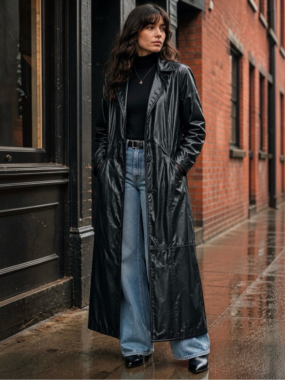 Vintage 80s Black Leather Trench Coat Silvercord Womens Size S Oversized Long